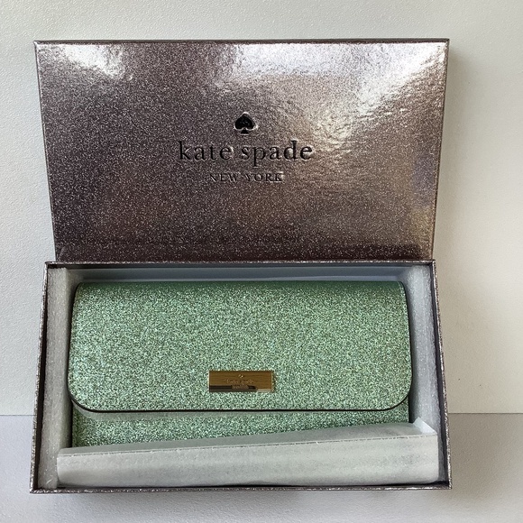 Kate Spade Kenzie Boxed Glitter Medium Flap Phone Wristlet Seawater Ocean KJ007 - Picture 1 of 6